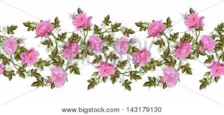 Pattern seamless. Old style. Fine weaving mosaic. Vintage background. Flower garland of pink and pastel roses. Horizontal border. Isolated on white background.