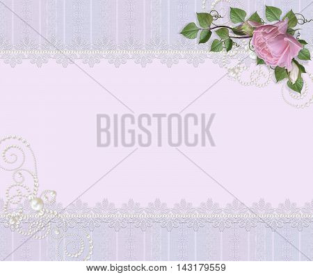 Vintage postcard. Old style invitation card. Lace openwork weaving delicate frame. Bouquet of pink roses and green leaves. Floral background