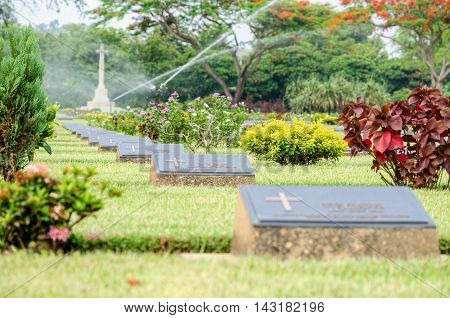 Chungkai War Cemetery this is historical monuments where to respect prisoners of the World War 2 who rest in peace here Kanchanaburi Province Thailand
