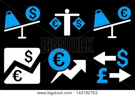 Currency Trading vector icons. Pictogram style is bicolor blue and white flat icons with rounded angles on a black background.
