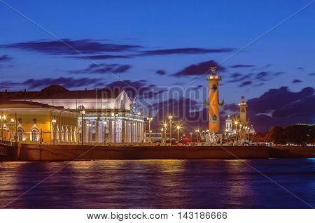 Spit of Vasilyevsky Island in Saint Petersburg at night Russia