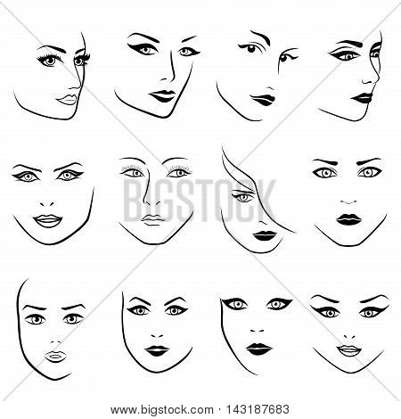 Set of twelve young women faces of various characters hand drawing vector outlines isolated on the white background