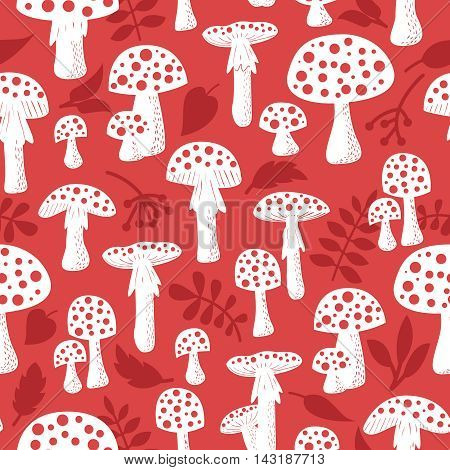 Cute amanita vector seamless pattern with leaf and berries. Poisonus mushrooms silhouette wallpaper.