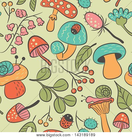 Vector doodle seamless pattern with mushroom ladybird snail flower and leaf. Nature colorful background with childish characters and plants.