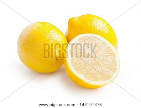 Lemons. Fresh ripe lemons isolated on white background. Lemon in a cut