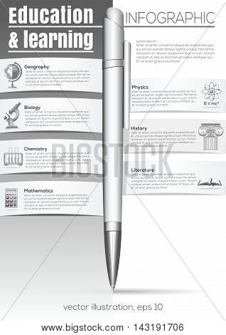 Education and learning. Black and white infographic with ball pen and icons showing various sciences - geography biology chemistry mathematics physics history literature. Vector design template
