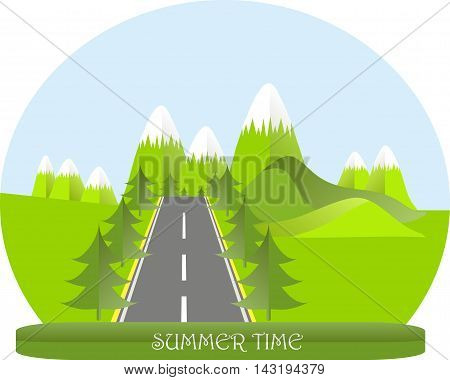 Series four seasons. Mountain landscape, road in summer time, fir trees. Modern flat design, design element, vector