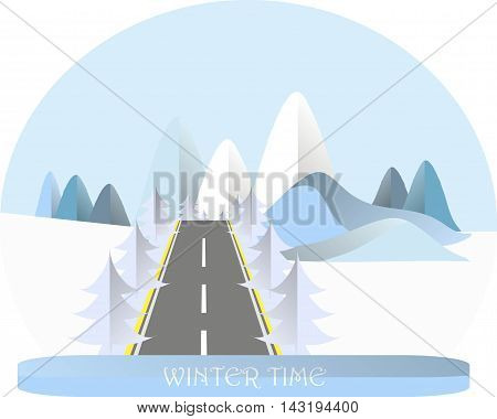 Series four seasons. Mountain landscape with road in winter time, fir trees. Modern flat design, design element, vector
