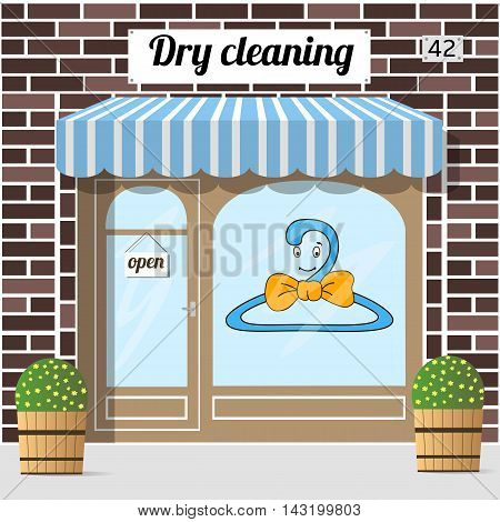 Dry cleaning service. Brown brick facade building. Vector illustration.