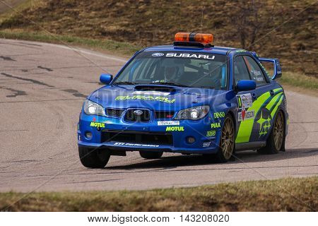 Moscow Russia - Apr 18 2015: Safety Car Subaru Impreza WRX STI during the Rally Masters Show 2015 at the Krylatskoye District.
