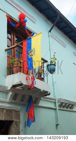 Quito Pichincha / Ecuador - August 16 2016: Traditional balcony on La Ronda streets in the historic center of Quito. The historic center was declared by UNESCO the first Cultural Heritage on 1978