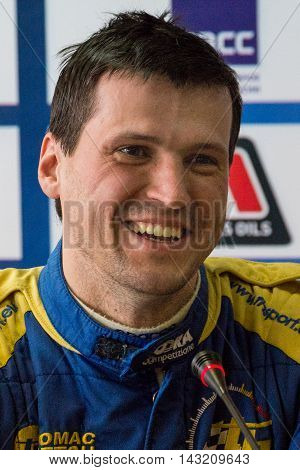 Moscow Russia - Apr 18 2015: Driver Myachin Dmitriy during a press conference after the Rally Masters Show 2015.