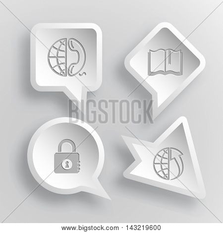 4 images: globe and phone, book, closed lock, globe and array up. Business set. Paper stickers. Vector illustration icons.