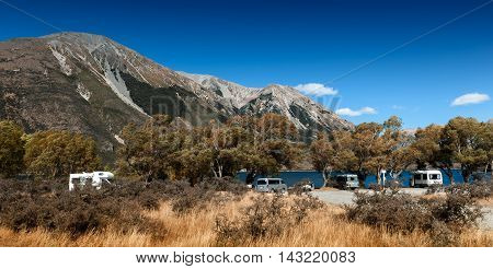 Campers At Lake Pearson / Moana Rua Wildlife Refuge Located In Craigieburn Forest Park In Canterbury