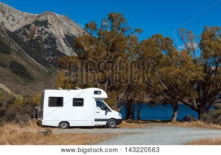 Motorhome Camper At Lake Pearson / Moana Rua Wildlife Refuge Located In Craigieburn Forest Park In C