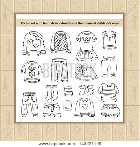 Vector set with hand drawn isolated doodles of clothes for boys and girls. Flat illustrations on the theme of children's wear fashion. Sketches for use in design, web site, packing, textile, fabric
