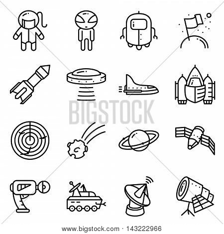 Vector thin simply space icons set with technology and expedition UFO and alien robot astronaut shuttle rocket radar comet planet telescope blaster satellite in cute minimalistic style