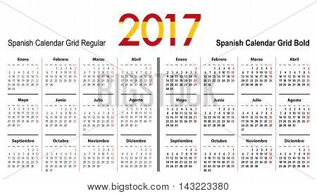 Calendar grid for 2017 with Spain flag colors on 2017. Mondays first. Regular and bold digits grid. Best for business and office needs web design presentations and prints. Vector illustration