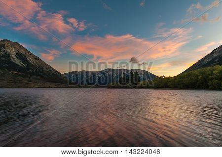 Sunset At Lake Pearson / Moana Rua Wildlife Refuge Located In Craigieburn Forest Park In Canterbury