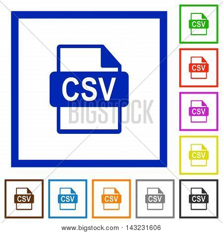 Set of color square framed CSV file format flat icons
