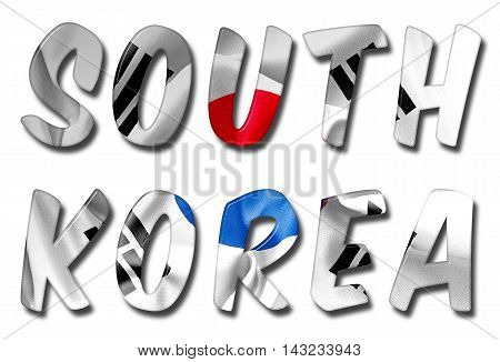 South Korea word 3D illustration with a flag texture on an isolated white background with a clipping path for with and without the shadow