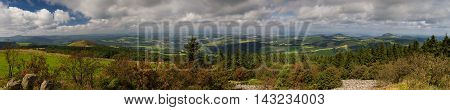 Panorama of the Rhoen low mountain range as seen from the top of Wasserkuppe Hessen Germany