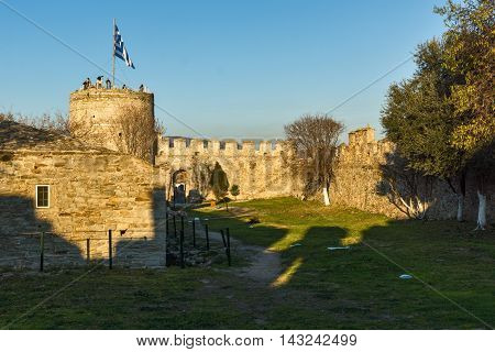 Amazing Sunset of Tower of the Byzantine fortress in Kavala, East Macedonia and Thrace, Greece