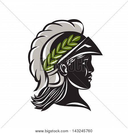 Illustration of Minerva or Menrva the Roman goddess of wisdom and sponsor of arts trade and strategy wearing helmet and laurel crown head in a silhouette viewed from side set on isolated white background.