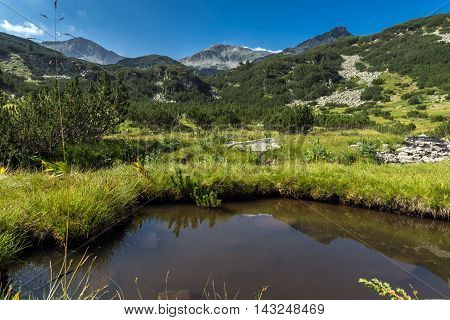 Small lake and Banderishki Chukar Peak and mountain river, Pirin Mountain, Bulgaria