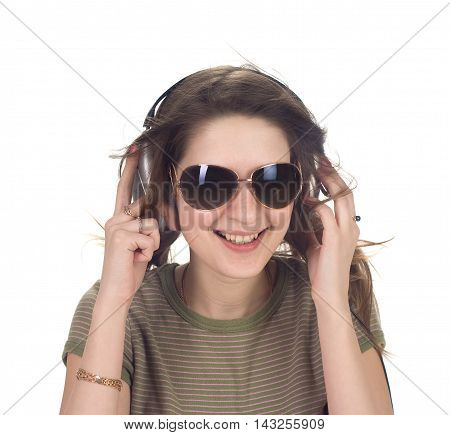 A girl in headphones smile on white background