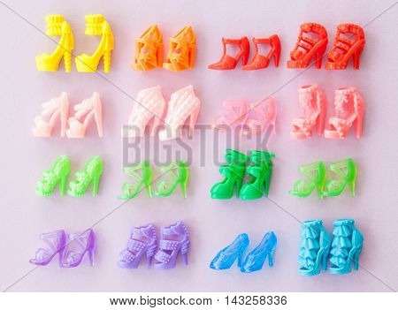 Variety of colorful high heeled woman shoes