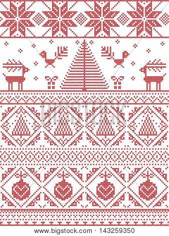 Scandinavian Printed Textile  style and inspired by  Norwegian Christmas and festive winter seamless pattern in cross stitch with Xmas trees, snowflakes, Reindeer, Robin Bird, heart, Christmas bauble
