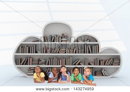 Cute kids thinking against white squares on blue background