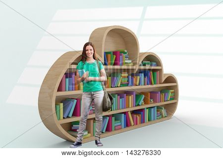 Student smiling at camera in library against squares on bright background