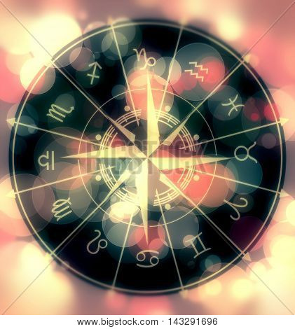 Golden astrological symbol in the circle. Festive colors backdrop