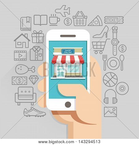 Shopping online business conceptual flat style. Vector illustration. Can be used for workflow layout template banner diagram number options web design infographics timeline.