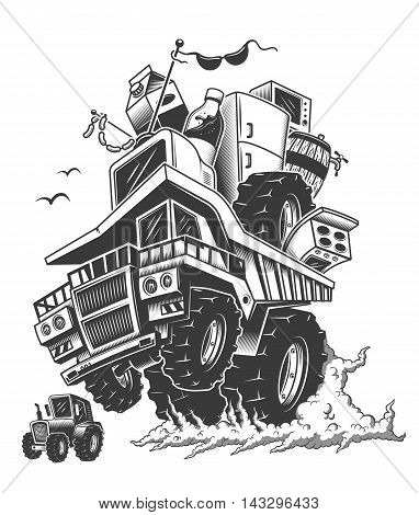 construction truck on back wheels and smoke with different home goods inside.