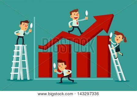 Business team with magnifying glass analyze bar graph