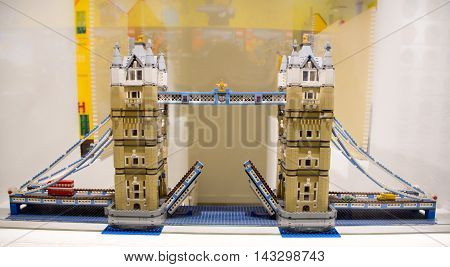 Copenhagen, Denmark - August 19, 2016: Model of the Lodon Bridge in the showroom of the Lego store