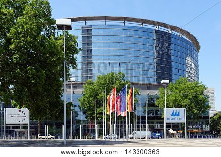 FRANKFURT AM MAIN GERMANY - AUGUST 7 2015: Congress Center part of Messe Frankfurt (Trade Fair) venue. Its tasks involve marketing the exhibition grounds for conferences and conventions.