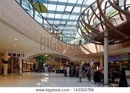 FRANKFURT AM MAIN GERMANY - AUGUST 7 2015: Skyline Plaza shopping and wellness center with roof garden a fitness centre numerous restaurants and shops and a multi-storey car park.