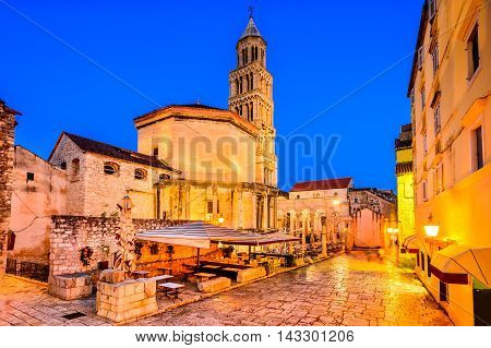 Split Croatia. Diocletian Palace peristyle in front of Cathedral of Saint Domnius bell tower.