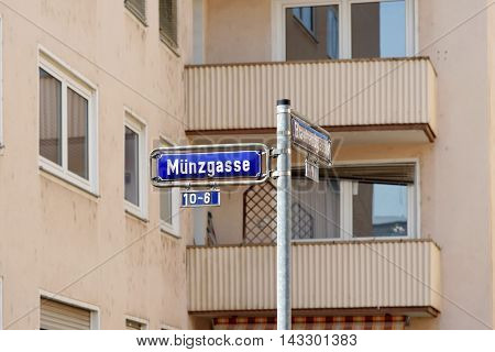 Munzgasse street sign post in the Old Town of Frankfurt am Main Germany.