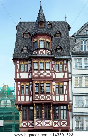 At the Angel an old half-timbered house on Romerberg square in Frankfurt am Main Germany.