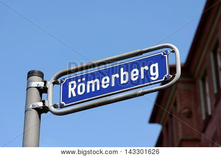 Romerberg square sign post in the Old Town the historic heart of Frankfurt am Main Germany.
