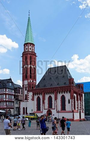 FRANKFURT AM MAIN GERMANY - AUGUST 7 2015: The Old St Nicholas Church a Lutheran medieval church on Romerberg square.