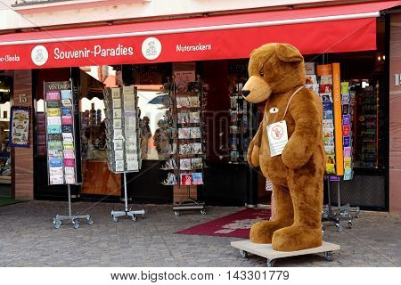 FRANKFURT AM MAIN GERMANY - AUGUST 7 2015: Sovenir shop on Romerberg square (Roman Mountain) the historic heart of the city and the centre of the old town.