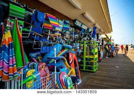 Rehoboth Beach DE - June 25 2016: Beach merchandise for sale at a shop on the boardwalk.