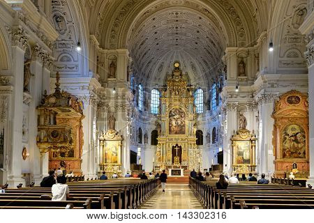 MUNICH GERMANY - AUGUST 2 2015: Interior of St. Michael's Church on Neuhauser Strasse. It is the largest Renaissance church north of the Alps.