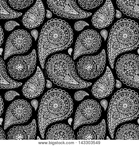 Paisley buta doodle monochrome line art seamless pattern